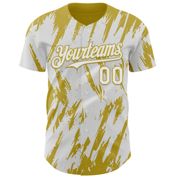 Custom White Old Gold 3D Pattern Design Splatter Torn Sharp Brush Stroke Authentic Baseball Jersey
