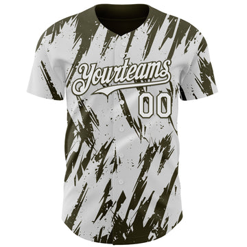 Custom White Olive 3D Pattern Design Splatter Torn Sharp Brush Stroke Authentic Baseball Jersey