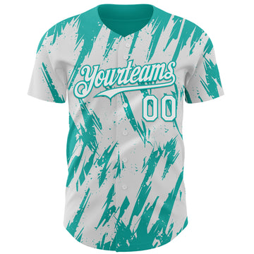 Custom White Aqua 3D Pattern Design Splatter Torn Sharp Brush Stroke Authentic Baseball Jersey