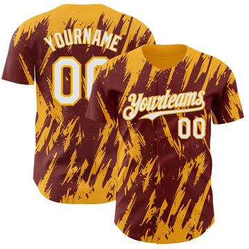 Custom Burgundy White-Gold 3D Pattern Design Splatter Torn Sharp Brush Stroke Authentic Baseball Jersey