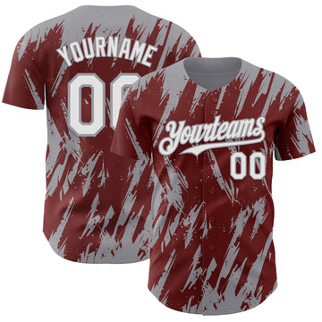 Custom Burgundy White-Gray 3D Pattern Design Splatter Torn Sharp Brush Stroke Authentic Baseball Jersey