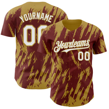 Custom Burgundy White-Old Gold 3D Pattern Design Splatter Torn Sharp Brush Stroke Authentic Baseball Jersey