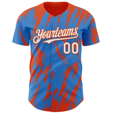 Custom Powder Blue White-Orange 3D Pattern Design Splatter Torn Sharp Brush Stroke Authentic Baseball Jersey