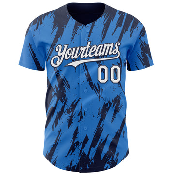 Custom Powder Blue White-Navy 3D Pattern Design Splatter Torn Sharp Brush Stroke Authentic Baseball Jersey