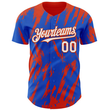 Custom Thunder Blue White-Orange 3D Pattern Design Splatter Torn Sharp Brush Stroke Authentic Baseball Jersey