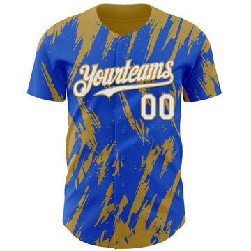 Custom Thunder Blue White-Old Gold 3D Pattern Design Splatter Torn Sharp Brush Stroke Authentic Baseball Jersey