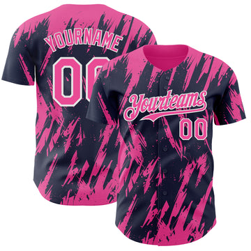 Custom Navy Pink-White 3D Pattern Design Splatter Torn Sharp Brush Stroke Authentic Baseball Jersey