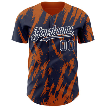 Custom Navy White-Bay Orange 3D Pattern Design Splatter Torn Sharp Brush Stroke Authentic Baseball Jersey