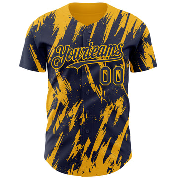 Custom Navy Gold 3D Pattern Design Splatter Torn Sharp Brush Stroke Authentic Baseball Jersey