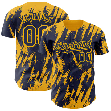 Custom Navy Gold 3D Pattern Design Splatter Torn Sharp Brush Stroke Authentic Baseball Jersey