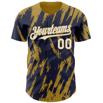 Custom Navy White-Old Gold 3D Pattern Design Splatter Torn Sharp Brush Stroke Authentic Baseball Jersey