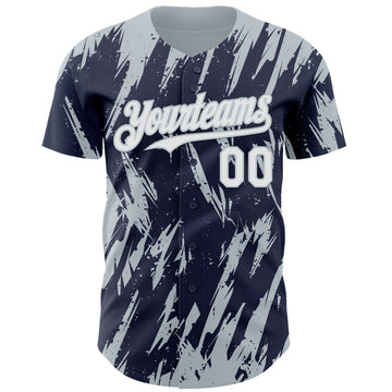 Custom Navy White-Silver 3D Pattern Design Splatter Torn Sharp Brush Stroke Authentic Baseball Jersey