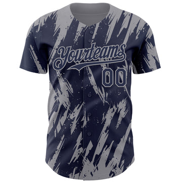 Custom Navy Gray 3D Pattern Design Splatter Torn Sharp Brush Stroke Authentic Baseball Jersey