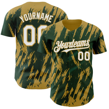 Custom Green White-Old Gold 3D Pattern Design Splatter Torn Sharp Brush Stroke Authentic Baseball Jersey