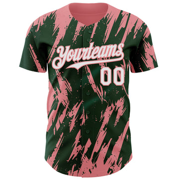 Custom Green White-Medium Pink 3D Pattern Design Splatter Torn Sharp Brush Stroke Authentic Baseball Jersey