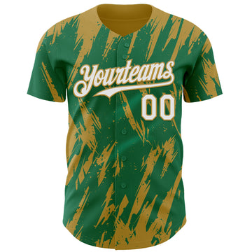 Custom Kelly Green White-Old Gold 3D Pattern Design Splatter Torn Sharp Brush Stroke Authentic Baseball Jersey