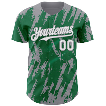 Custom Kelly Green White-Gray 3D Pattern Design Splatter Torn Sharp Brush Stroke Authentic Baseball Jersey
