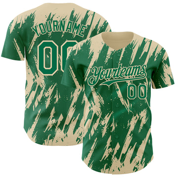 Custom Kelly Green Cream 3D Pattern Design Splatter Torn Sharp Brush Stroke Authentic Baseball Jersey