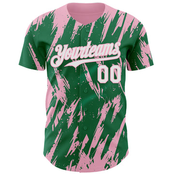 Custom Kelly Green White-Light Pink 3D Pattern Design Splatter Torn Sharp Brush Stroke Authentic Baseball Jersey