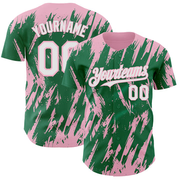 Custom Kelly Green White-Light Pink 3D Pattern Design Splatter Torn Sharp Brush Stroke Authentic Baseball Jersey