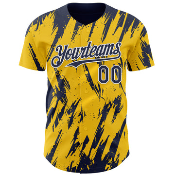 Custom Yellow Navy-White 3D Pattern Design Splatter Torn Sharp Brush Stroke Authentic Baseball Jersey