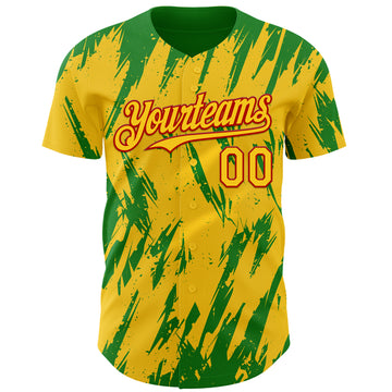Custom Yellow Red-Grass Green 3D Pattern Design Splatter Torn Sharp Brush Stroke Authentic Baseball Jersey