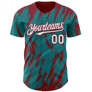 Custom Teal White-Crimson 3D Pattern Design Splatter Torn Sharp Brush Stroke Authentic Baseball Jersey