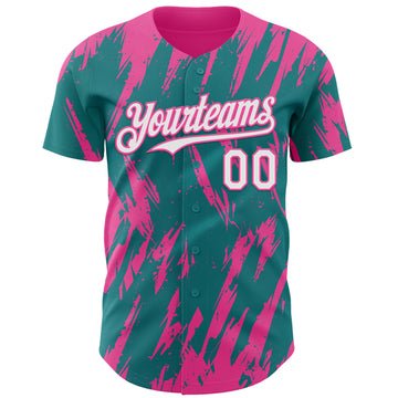 Custom Teal White-Pink 3D Pattern Design Splatter Torn Sharp Brush Stroke Authentic Baseball Jersey