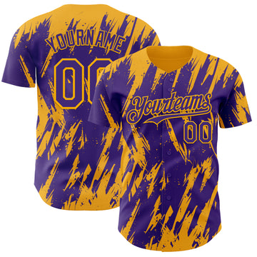 Custom Purple Gold 3D Pattern Design Splatter Torn Sharp Brush Stroke Authentic Baseball Jersey