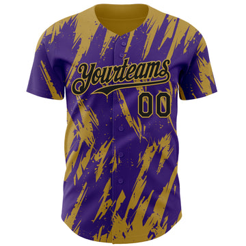 Custom Purple Old Gold 3D Pattern Design Splatter Torn Sharp Brush Stroke Authentic Baseball Jersey
