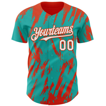 Custom Aqua White-Orange 3D Pattern Design Splatter Torn Sharp Brush Stroke Authentic Baseball Jersey