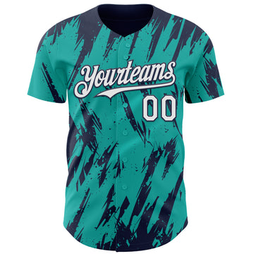 Custom Aqua White-Navy 3D Pattern Design Splatter Torn Sharp Brush Stroke Authentic Baseball Jersey