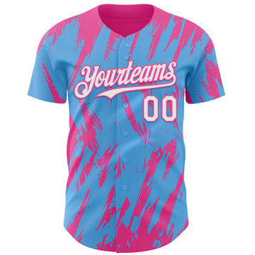 Custom Sky Blue White-Pink 3D Pattern Design Splatter Torn Sharp Brush Stroke Authentic Baseball Jersey