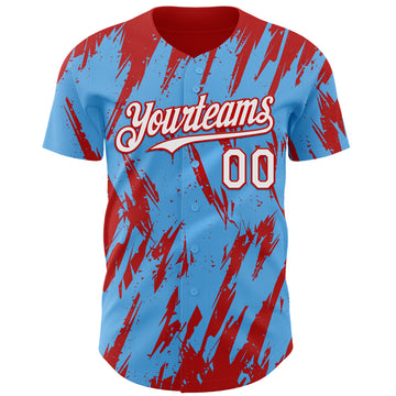 Custom Sky Blue White-Red 3D Pattern Design Splatter Torn Sharp Brush Stroke Authentic Baseball Jersey
