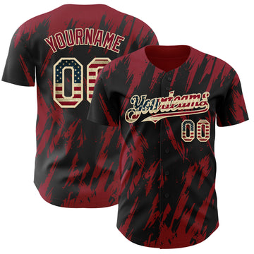 Custom Black Vintage USA Flag Cream-Crimson 3D Pattern Design Splatter Torn Sharp Brush Stroke Authentic Baseball Jersey
