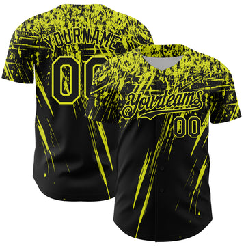 Custom Black Neon Yellow Distressed Scratch Brush Stroke Authentic Baseball Jersey