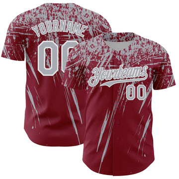 Custom Crimson Gray-White Distressed Scratch Brush Stroke Authentic Baseball Jersey