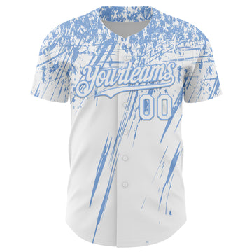 Custom White Light Blue Distressed Scratch Brush Stroke Authentic Baseball Jersey