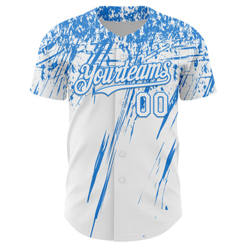 Custom White Electric Blue Distressed Scratch Brush Stroke Authentic Baseball Jersey