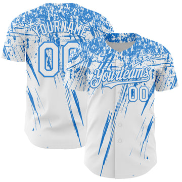 Custom White Electric Blue Distressed Scratch Brush Stroke Authentic Baseball Jersey