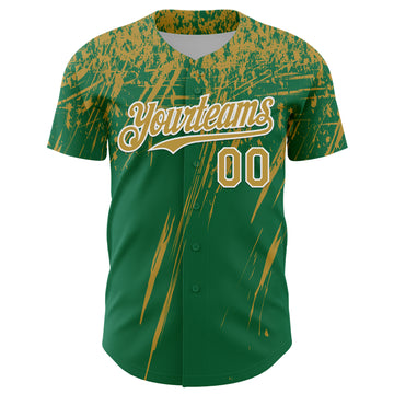 Custom Kelly Green Old Gold-White Distressed Scratch Brush Stroke Authentic Baseball Jersey