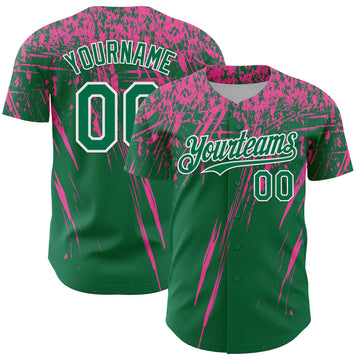 Custom Kelly Green Pink-White Distressed Scratch Brush Stroke Authentic Baseball Jersey