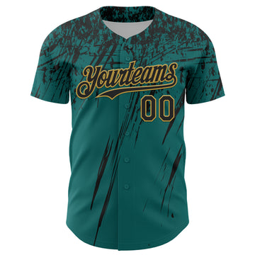 Custom Teal Black-Old Gold Distressed Scratch Brush Stroke Authentic Baseball Jersey