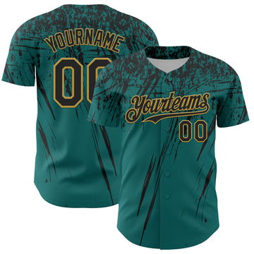 Custom Teal Black-Old Gold Distressed Scratch Brush Stroke Authentic Baseball Jersey