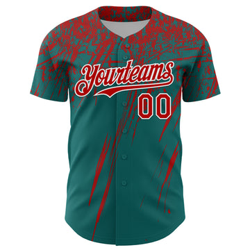 Custom Teal Red-White Distressed Scratch Brush Stroke Authentic Baseball Jersey