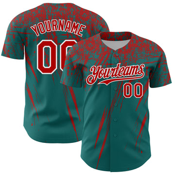 Custom Teal Red-White Distressed Scratch Brush Stroke Authentic Baseball Jersey
