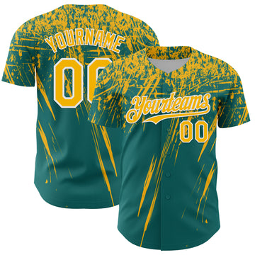 Custom Teal Gold-White Distressed Scratch Brush Stroke Authentic Baseball Jersey