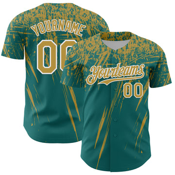 Custom Teal Old Gold-White Distressed Scratch Brush Stroke Authentic Baseball Jersey