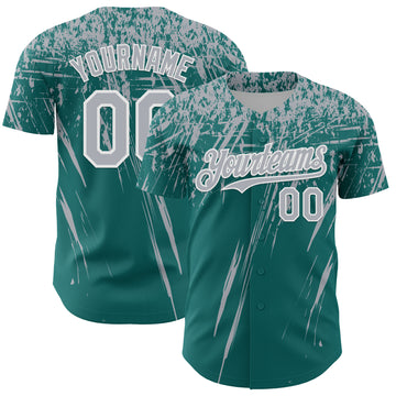 Custom Teal Gray-White Distressed Scratch Brush Stroke Authentic Baseball Jersey