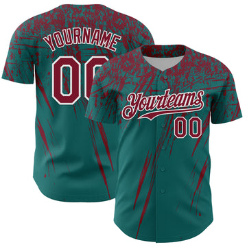 Custom Teal Crimson-White Distressed Scratch Brush Stroke Authentic Baseball Jersey